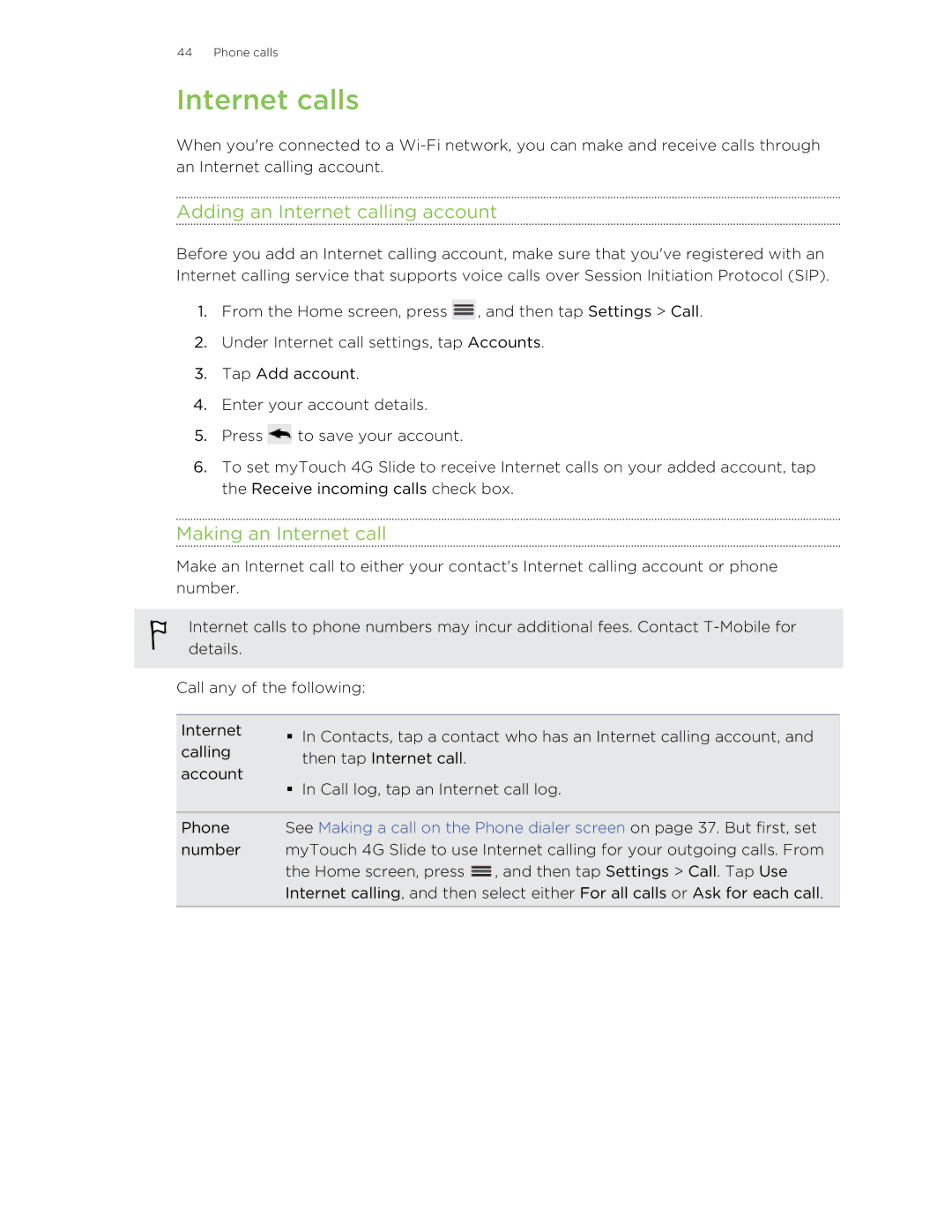 HTC 99HLR00100 manual Internet calls, Adding an Internet calling account, Making an Internet call 