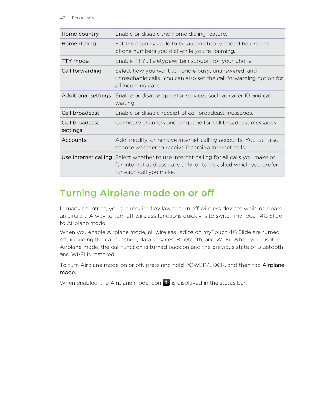 HTC 99HLR00100 manual Turning Airplane mode on or off 