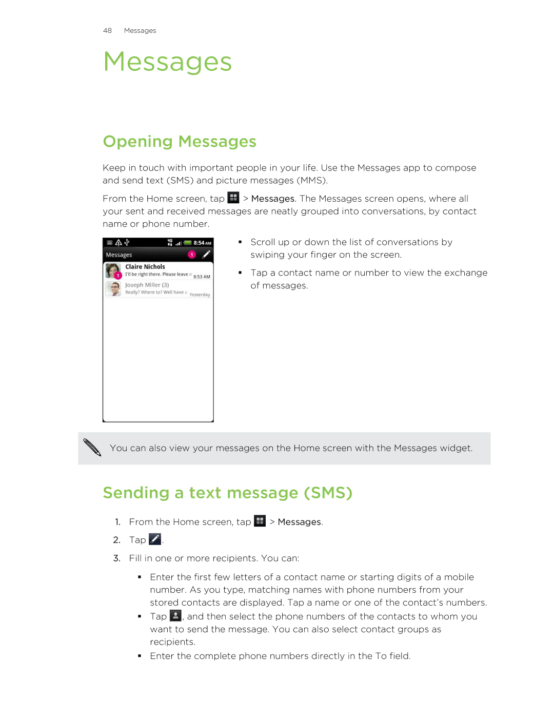 HTC 99HLR00100 manual Opening Messages, Sending a text message SMS 