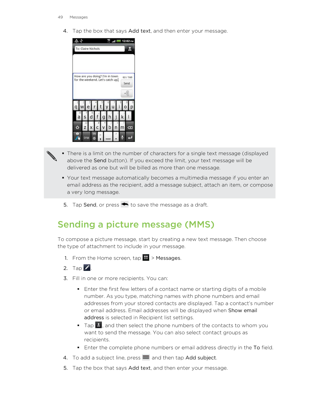 HTC 99HLR00100 manual Sending a picture message MMS 