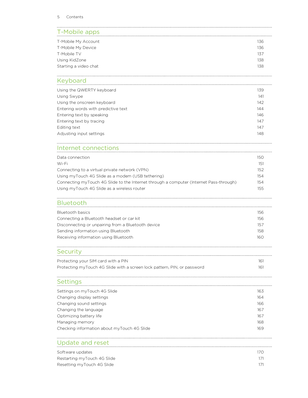 HTC 99HLR00100 manual Mobile apps, Keyboard, Internet connections, Bluetooth, Security, Settings, Update and reset 