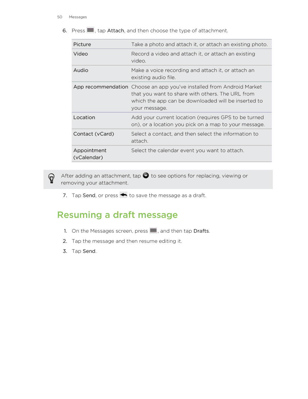 HTC 99HLR00100 manual Resuming a draft message 