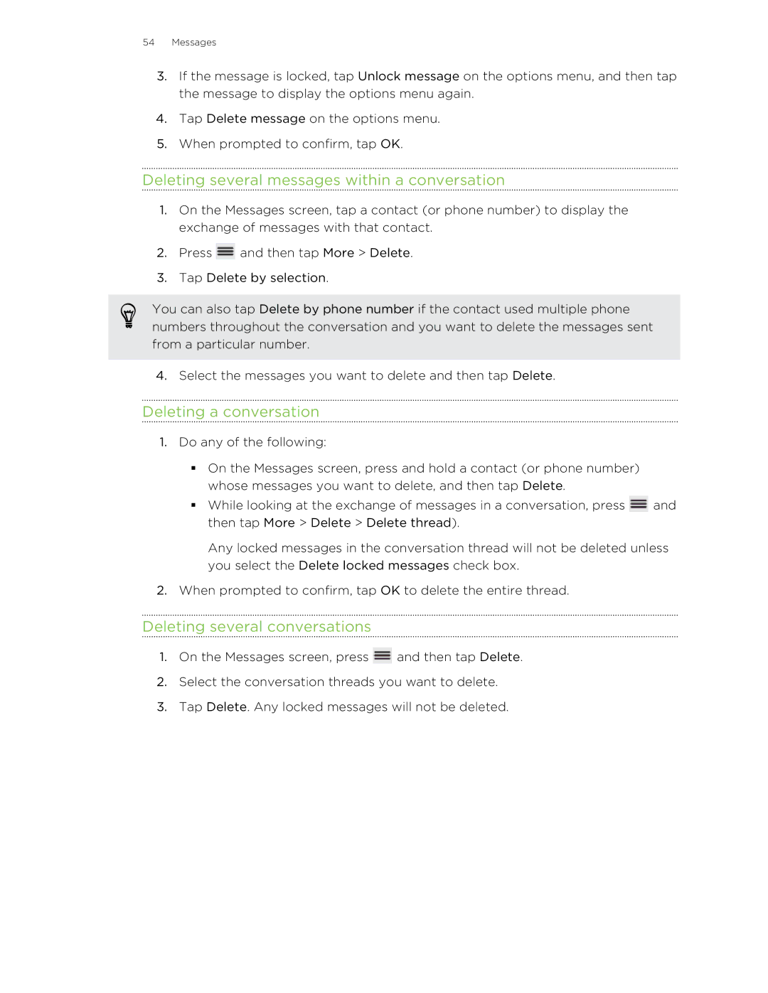 HTC 99HLR00100 Deleting several messages within a conversation, Deleting a conversation, Deleting several conversations 