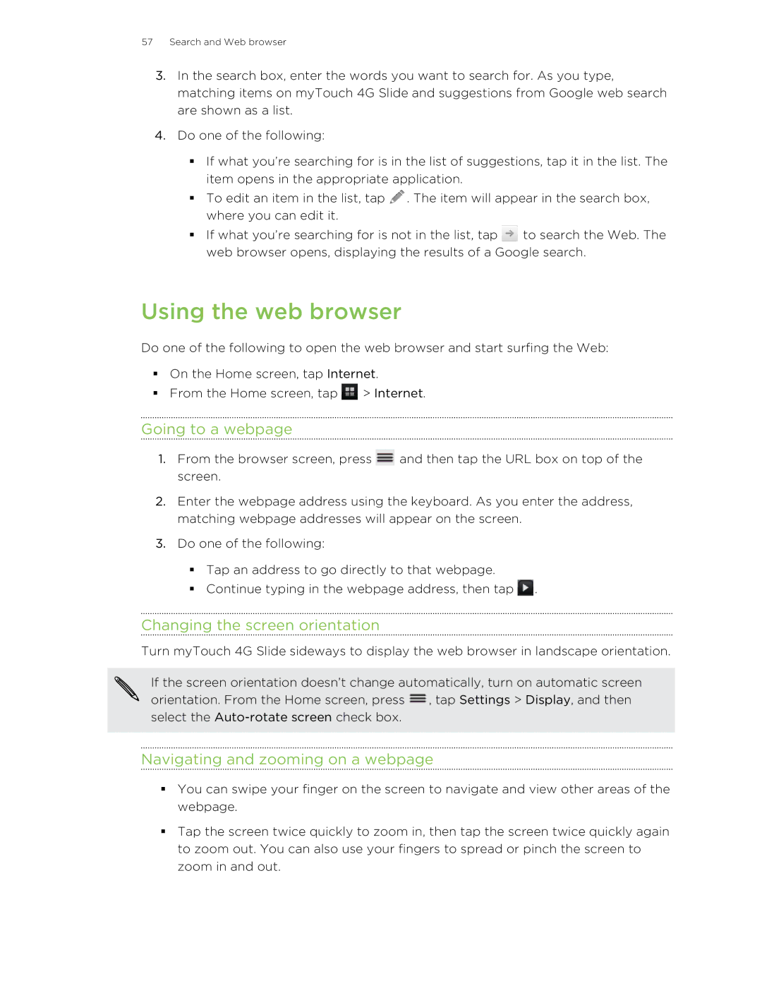 HTC 99HLR00100 manual Using the web browser, Going to a webpage, Changing the screen orientation 