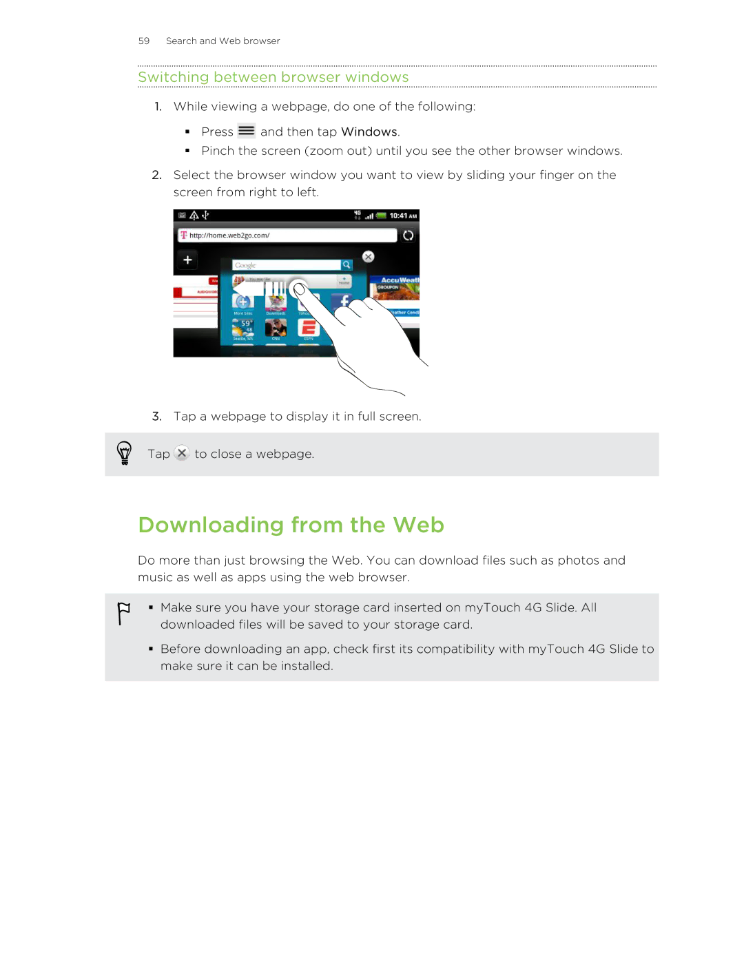 HTC 99HLR00100 manual Downloading from the Web, Switching between browser windows 