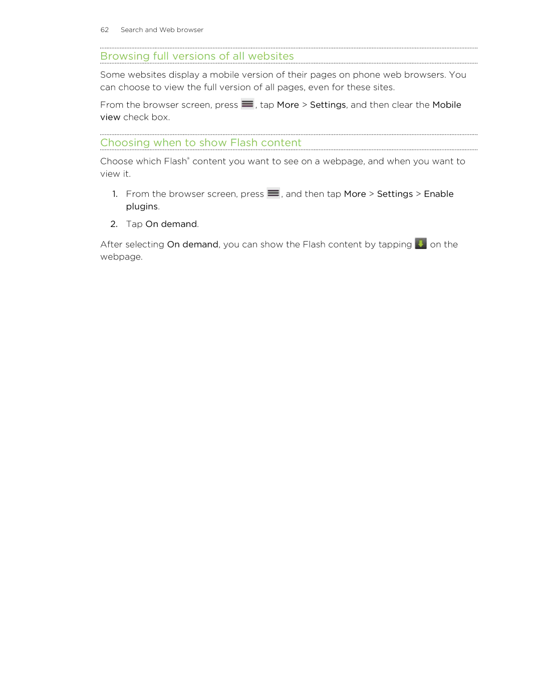 HTC 99HLR00100 manual Browsing full versions of all websites, Choosing when to show Flash content 