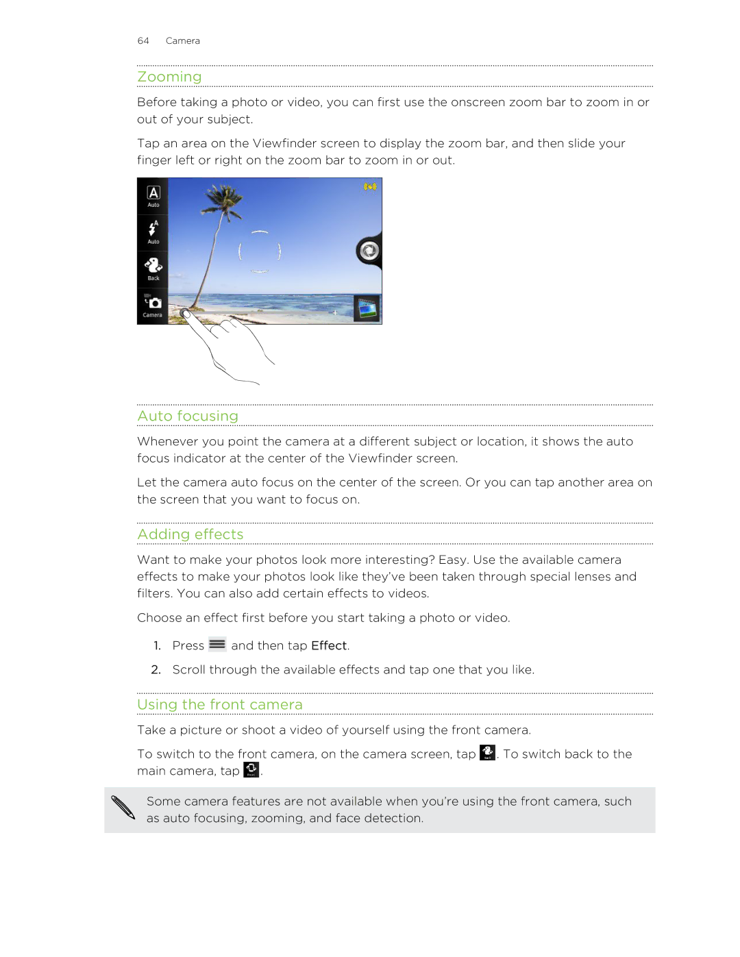 HTC 99HLR00100 manual Zooming, Auto focusing, Adding effects, Using the front camera 