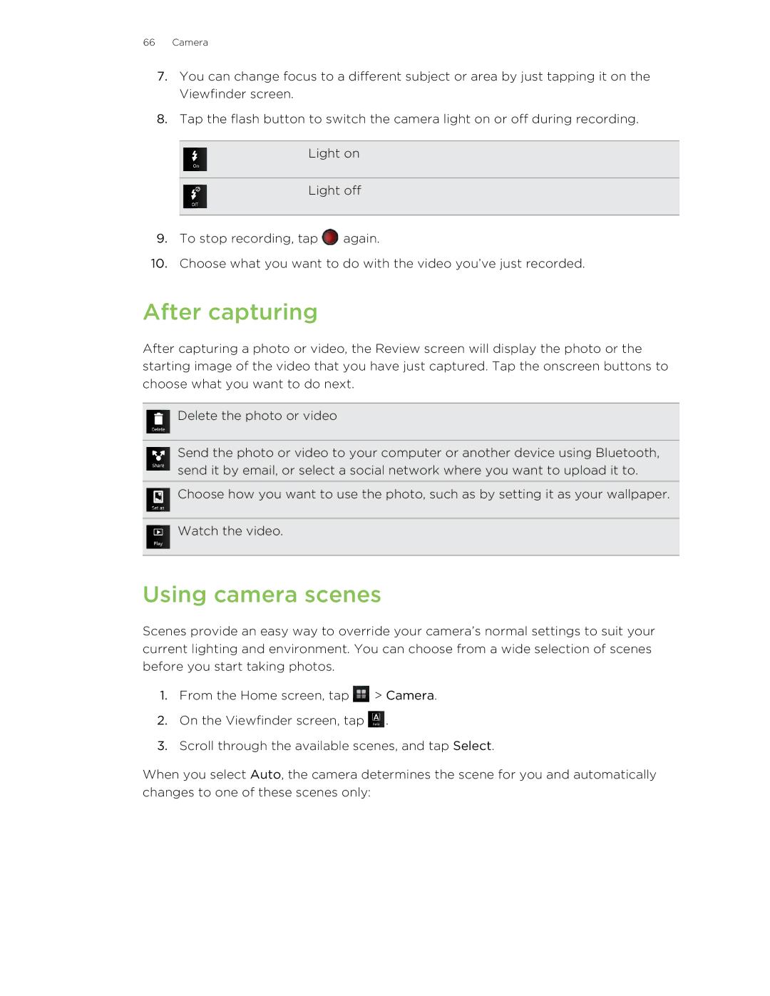 HTC 99HLR00100 manual After capturing, Using camera scenes 