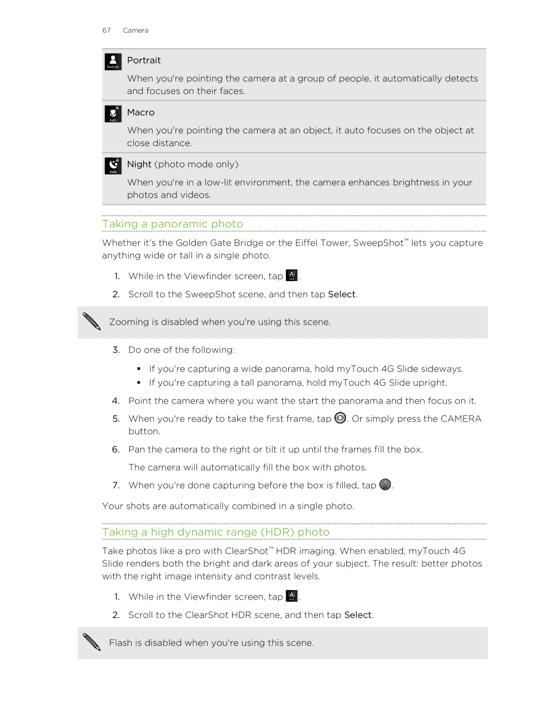 HTC 99HLR00100 manual Taking a panoramic photo, Taking a high dynamic range HDR photo 
