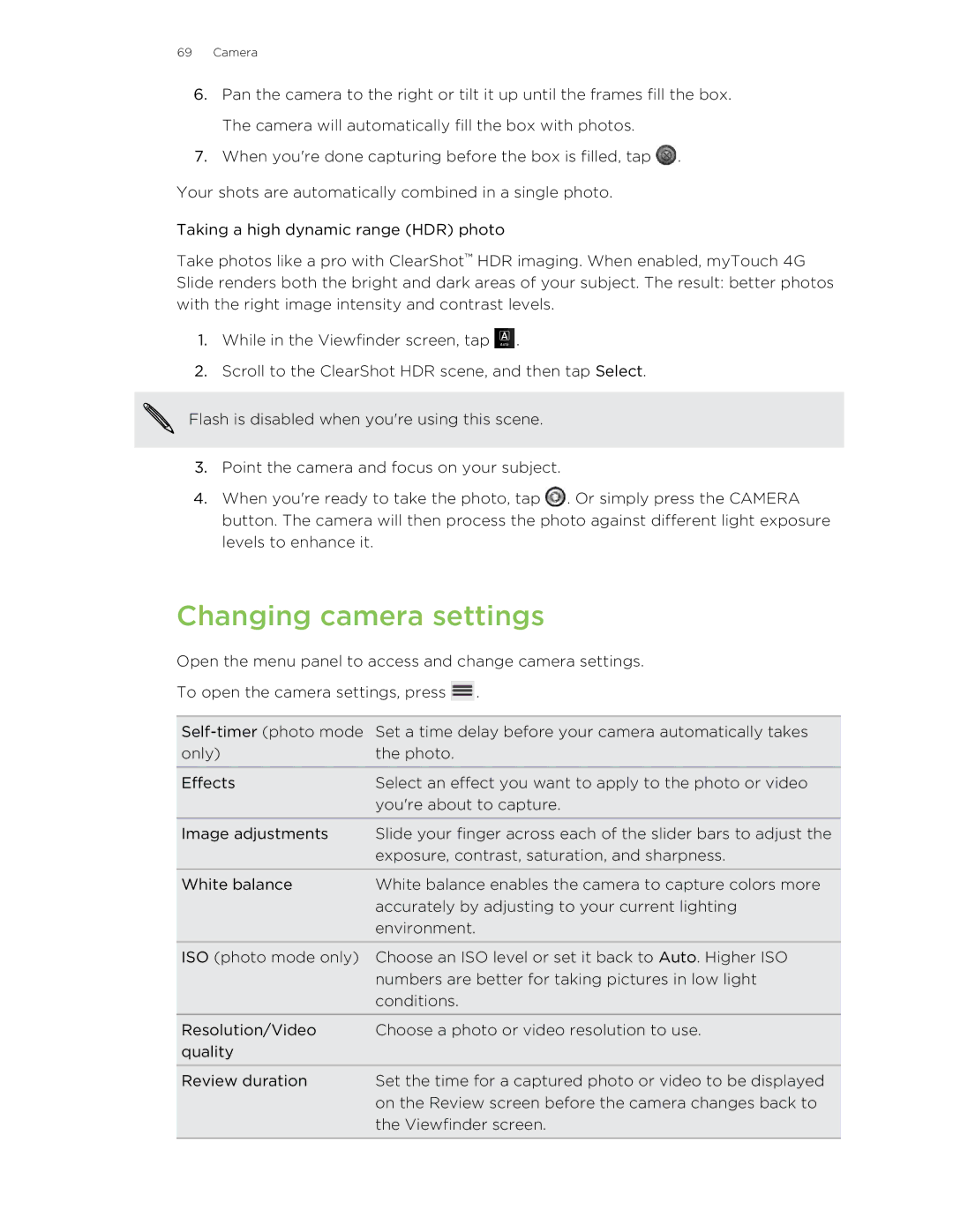 HTC 99HLR00100 manual Changing camera settings 