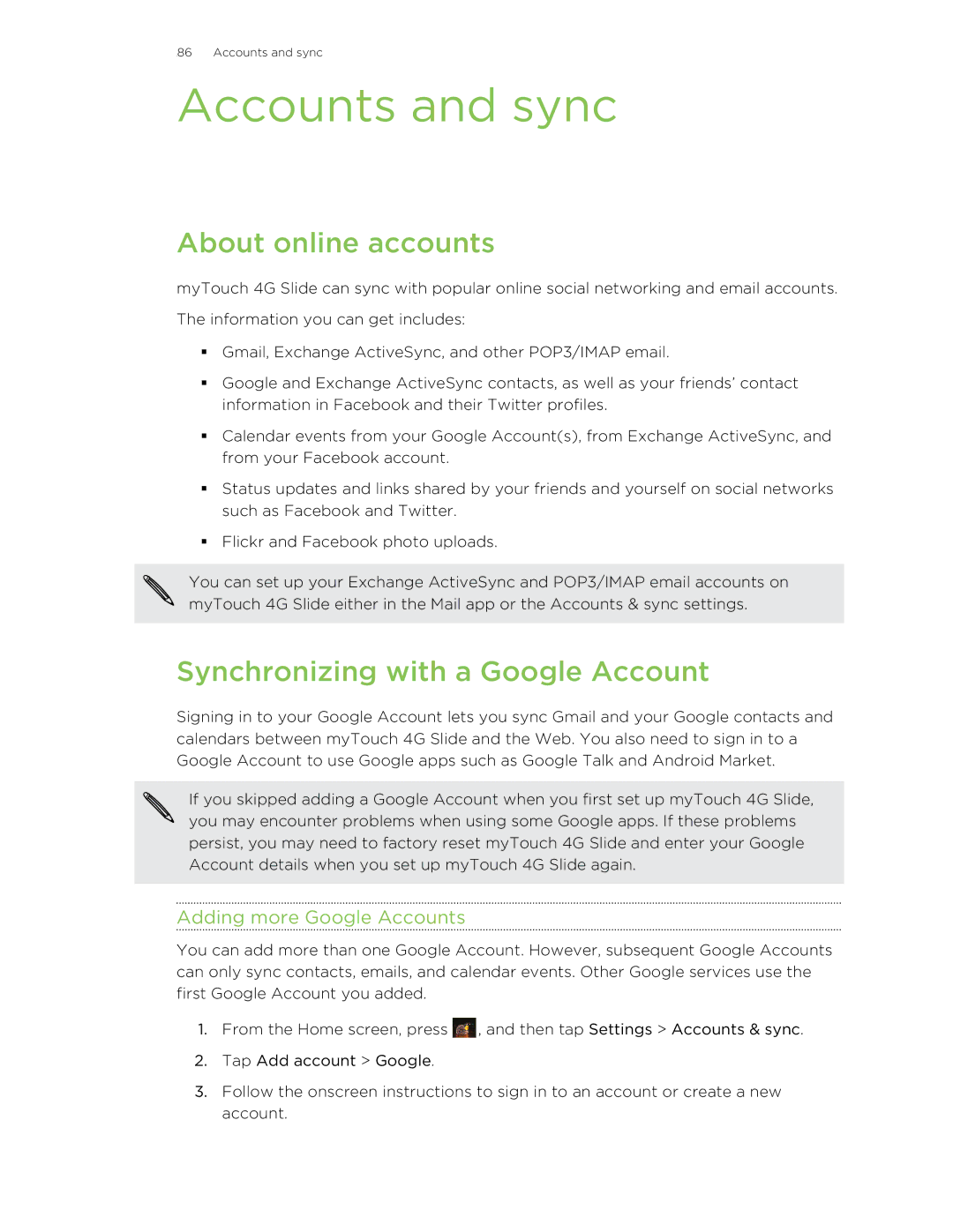 HTC 99HLR00100 Accounts and sync, About online accounts, Synchronizing with a Google Account, Adding more Google Accounts 