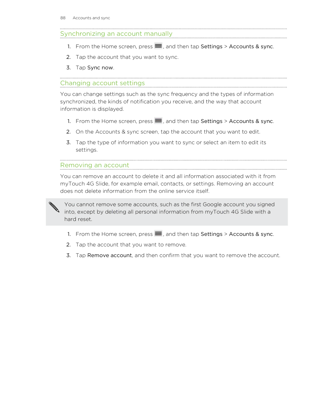 HTC 99HLR00100 Synchronizing an account manually, Changing account settings, Removing an account 