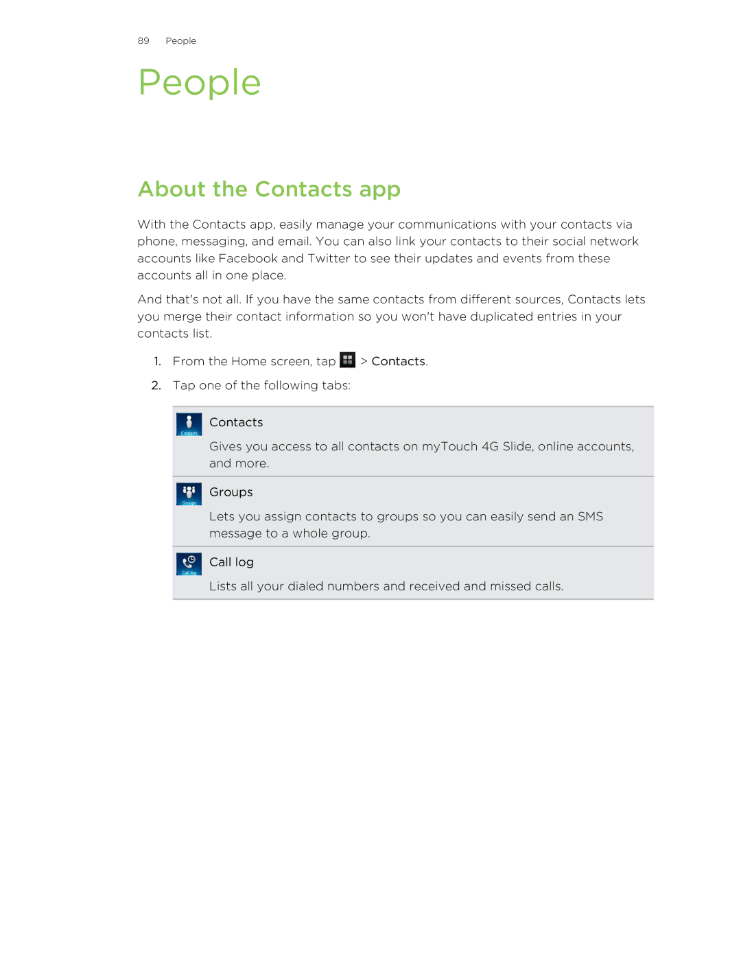 HTC 99HLR00100 manual People, About the Contacts app 