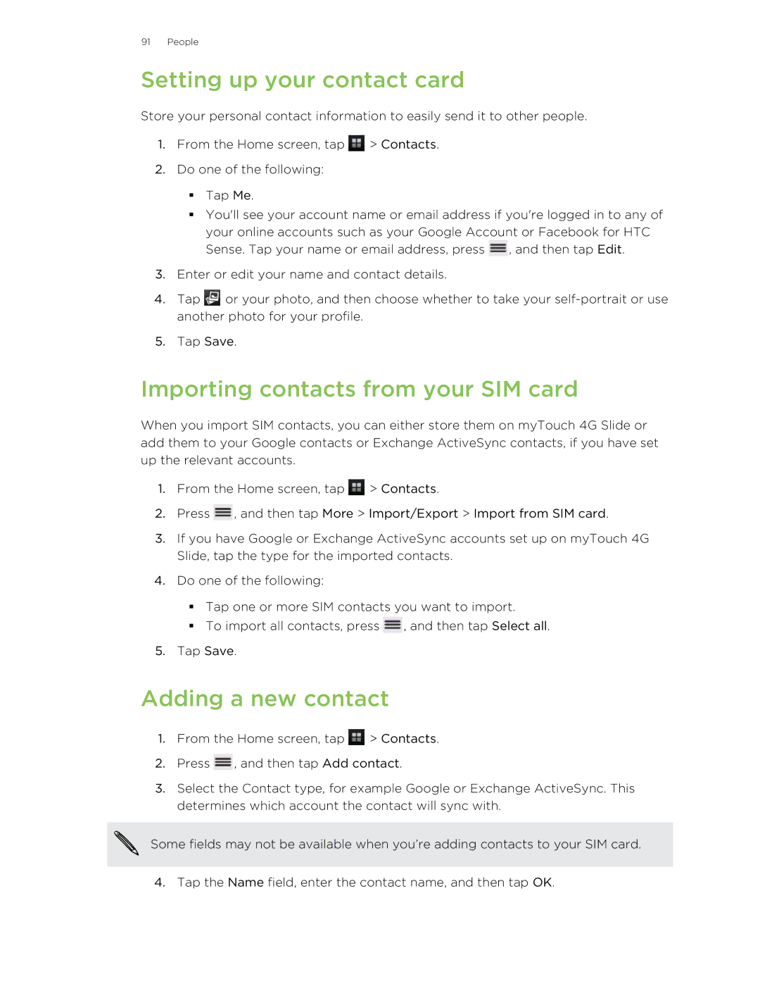 HTC 99HLR00100 manual Setting up your contact card, Importing contacts from your SIM card, Adding a new contact 