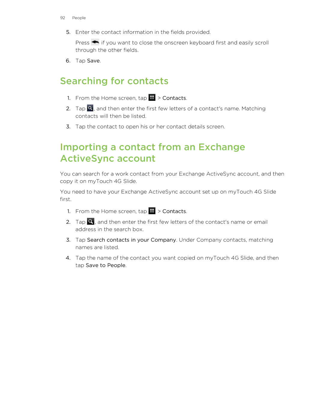 HTC 99HLR00100 manual Searching for contacts, Importing a contact from an Exchange ActiveSync account 