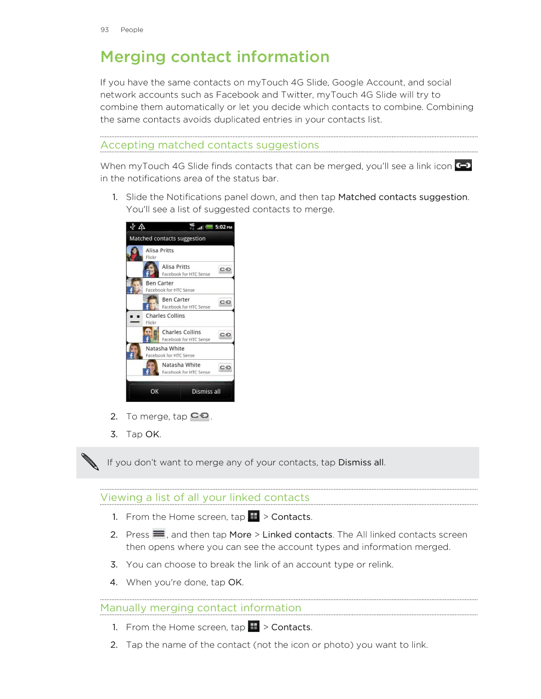 HTC 99HLR00100 Merging contact information, Accepting matched contacts suggestions, Manually merging contact information 