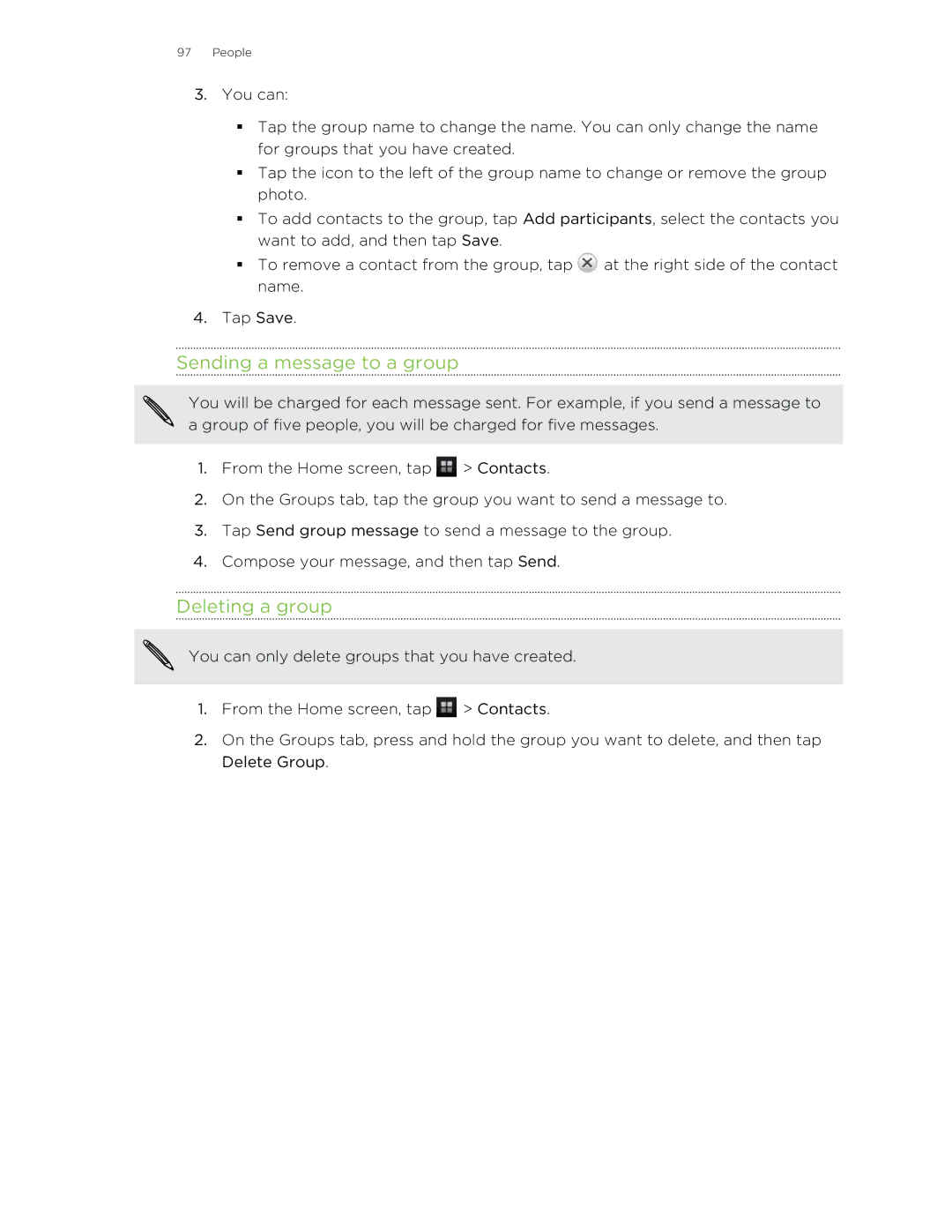 HTC 99HLR00100 manual Sending a message to a group, Deleting a group 