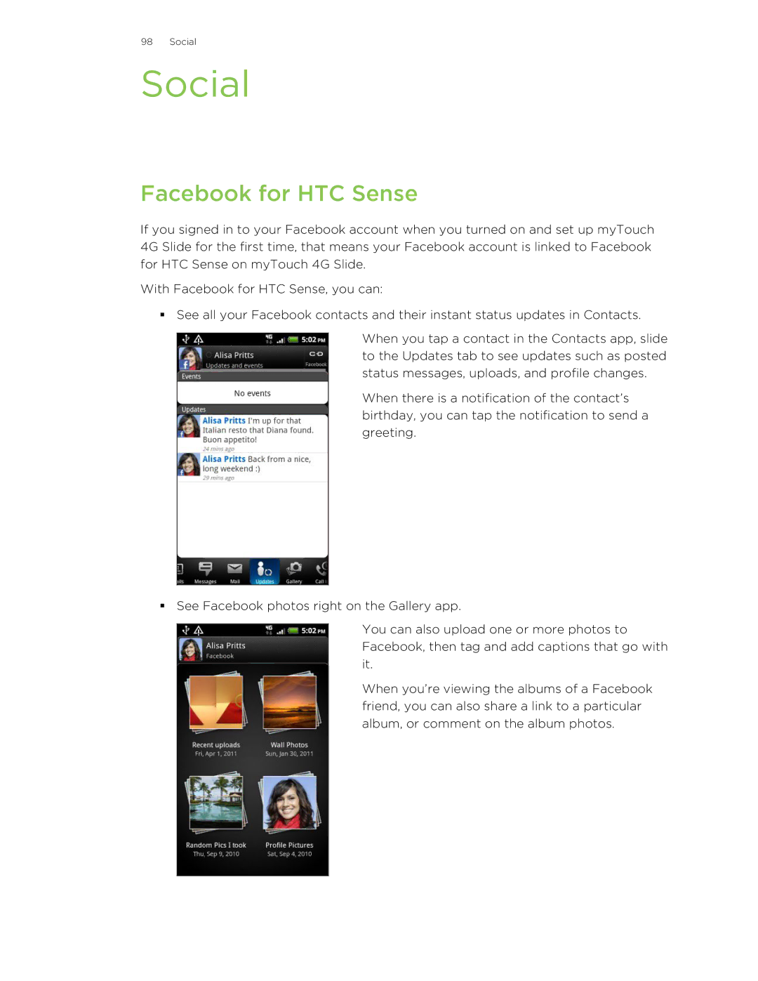 HTC 99HLR00100 manual Social, Facebook for HTC Sense 