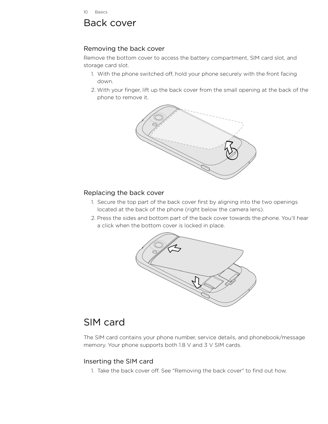 HTC 99HLR002-00 manual Back cover, Removing the back cover, Replacing the back cover, Inserting the SIM card 