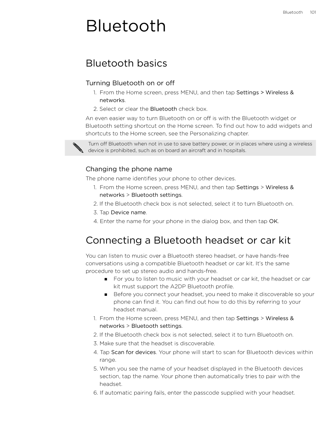 HTC 99HLR002-00 manual Bluetooth basics, Connecting a Bluetooth headset or car kit, Turning Bluetooth on or off 