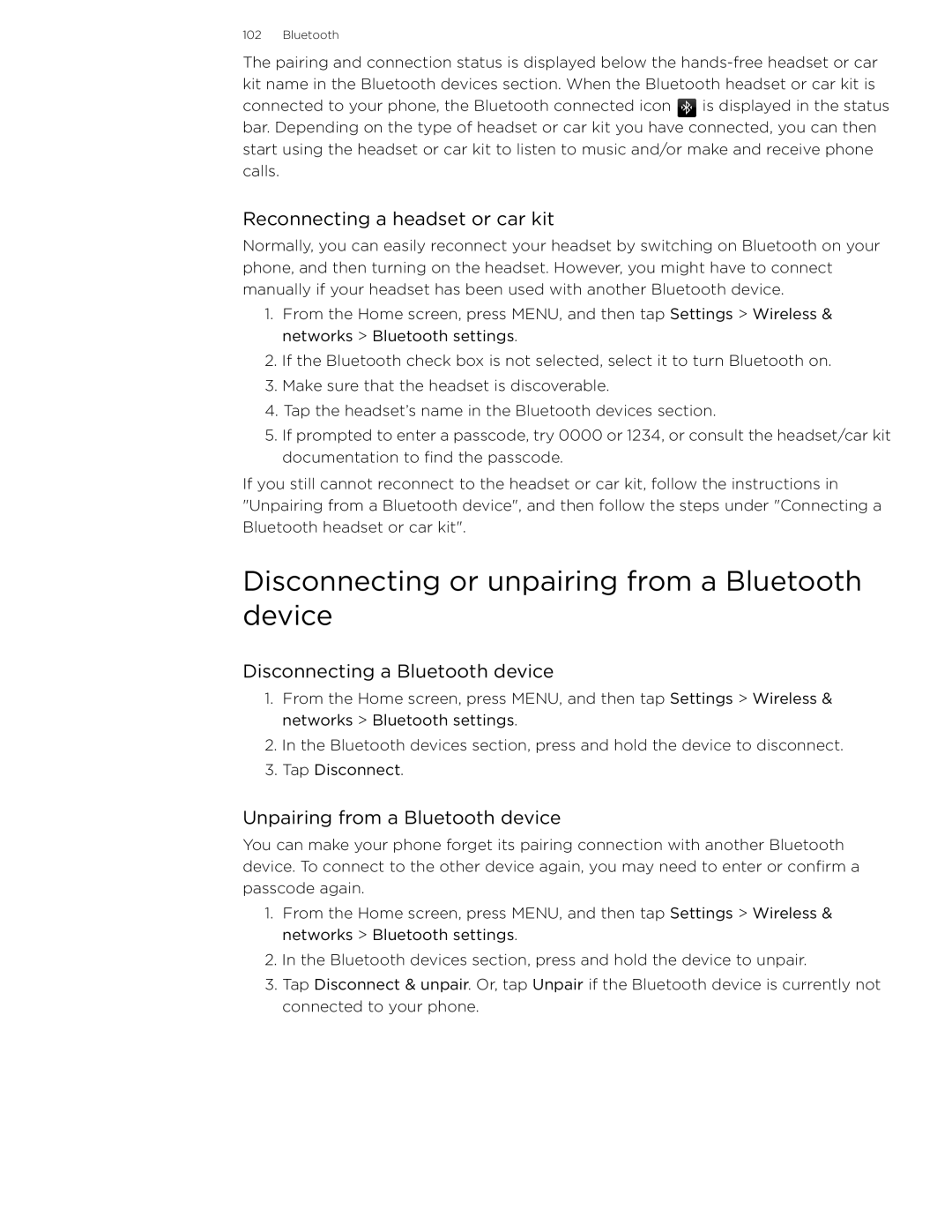 HTC 99HLR002-00 manual Disconnecting or unpairing from a Bluetooth device, Reconnecting a headset or car kit 