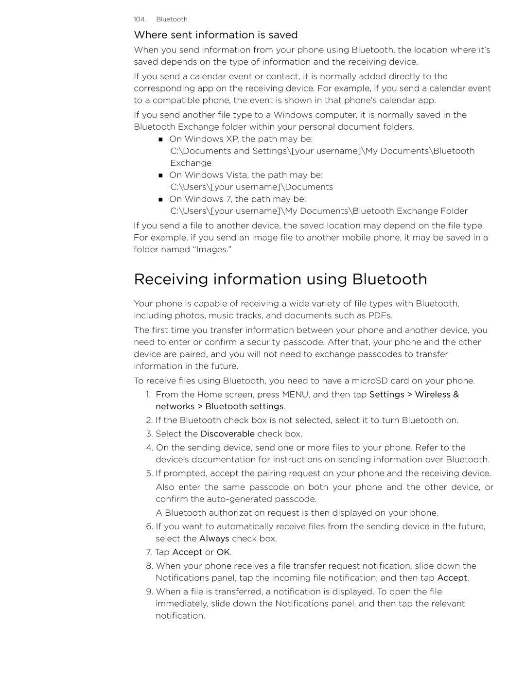 HTC 99HLR002-00 manual Receiving information using Bluetooth, Where sent information is saved 