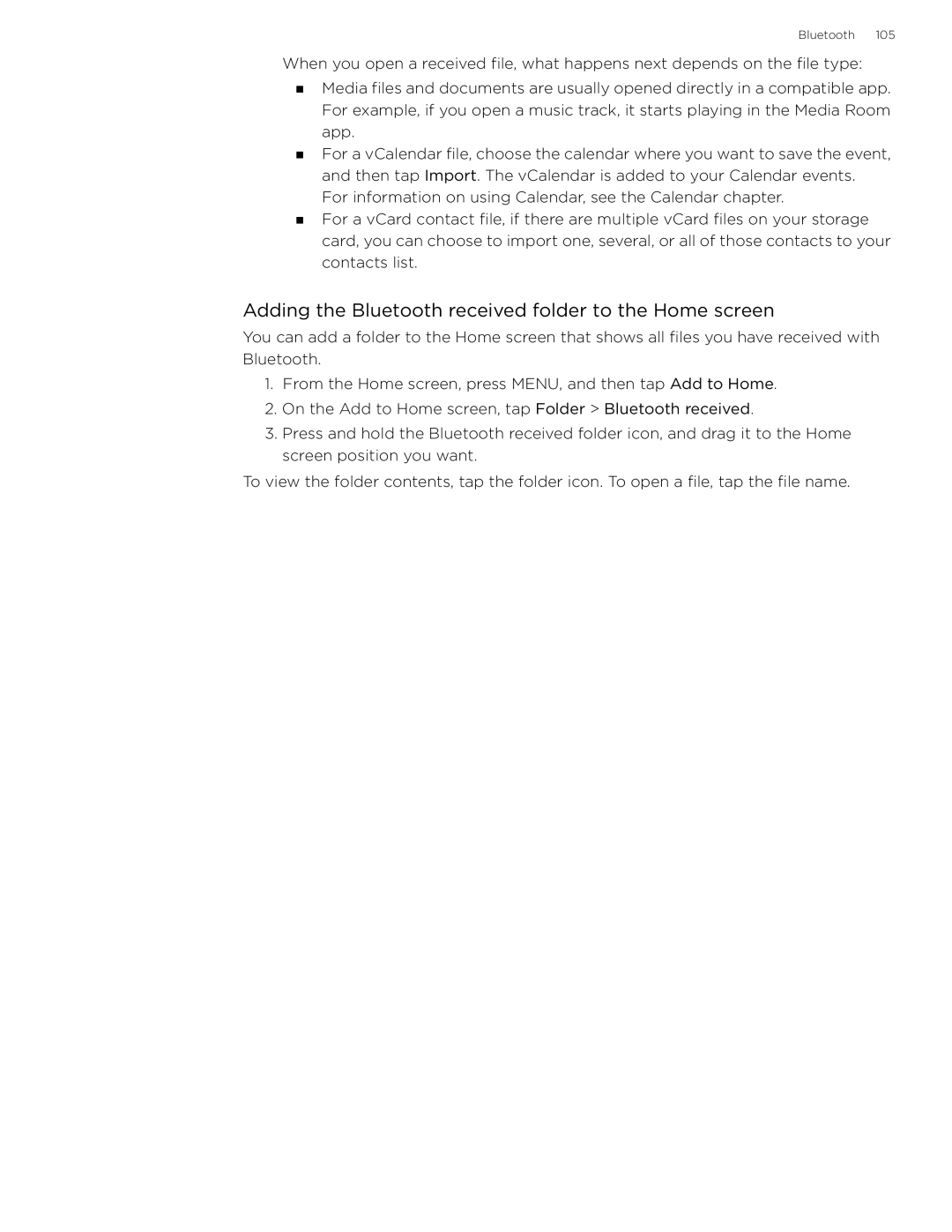 HTC 99HLR002-00 manual Adding the Bluetooth received folder to the Home screen 