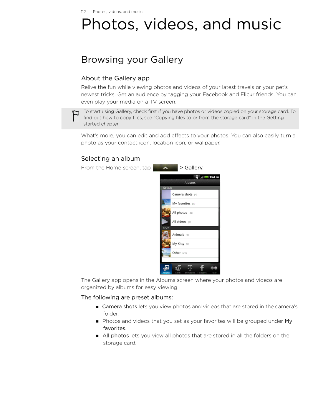 HTC 99HLR002-00 manual Photos, videos, and music, Browsing your Gallery, About the Gallery app, Selecting an album 