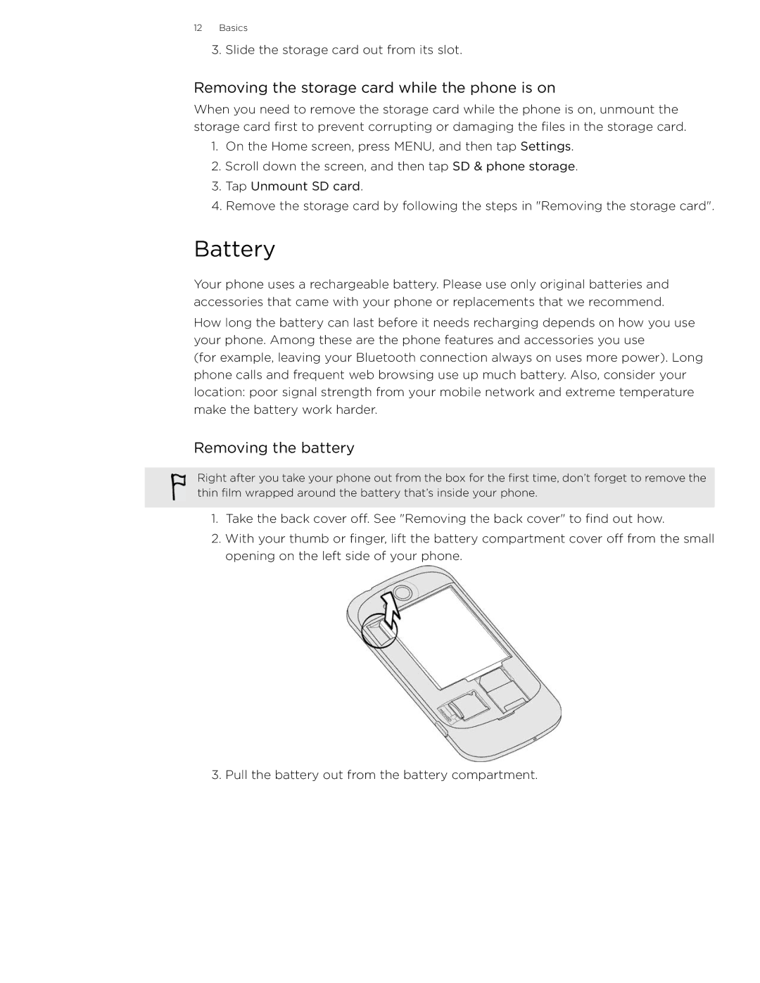 HTC 99HLR002-00 manual Battery, Removing the storage card while the phone is on, Removing the battery 