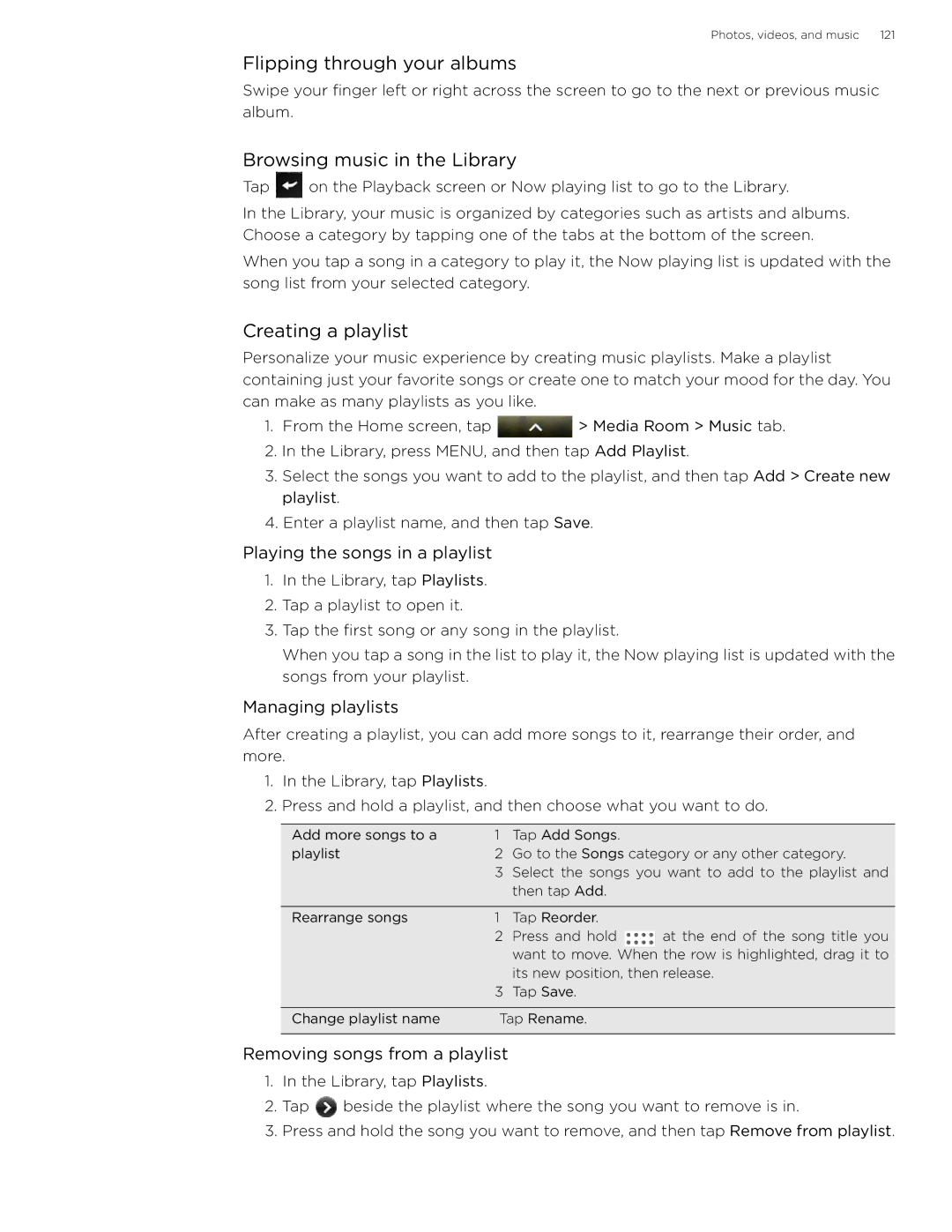 HTC 99HLR002-00 manual Flipping through your albums, Browsing music in the Library, Creating a playlist 
