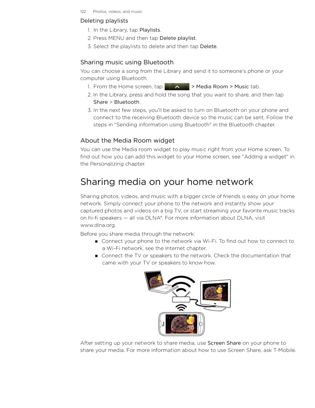 HTC 99HLR002-00 manual Sharing media on your home network, Sharing music using Bluetooth, About the Media Room widget 