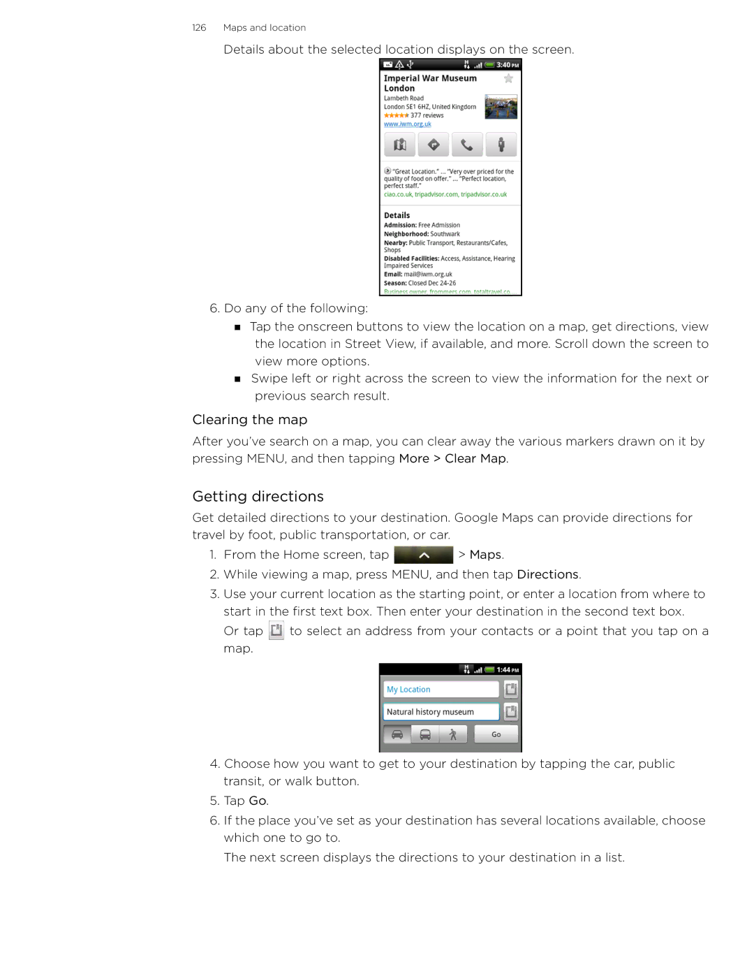 HTC 99HLR002-00 manual Getting directions, Clearing the map 