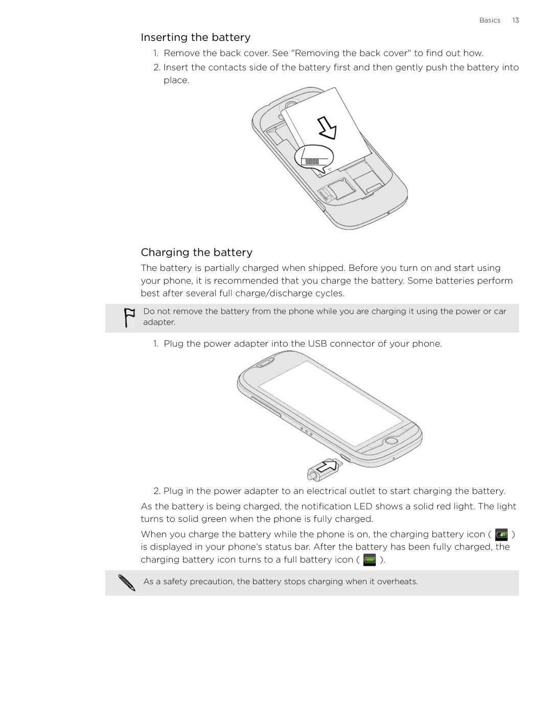 HTC 99HLR002-00 manual Inserting the battery, Charging the battery 