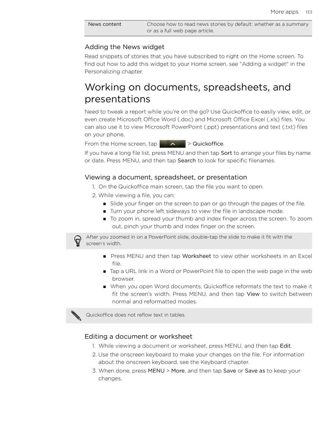 HTC 99HLR002-00 manual Working on documents, spreadsheets, and presentations, Adding the News widget 