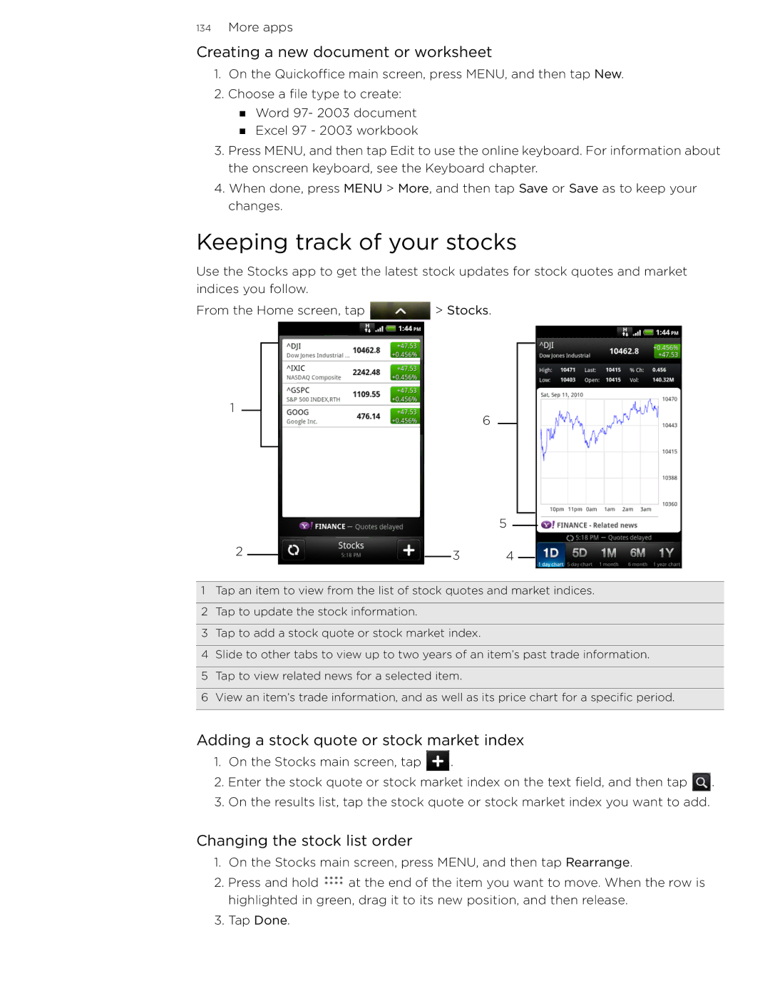 HTC 99HLR002-00 manual Keeping track of your stocks, Creating a new document or worksheet, Changing the stock list order 