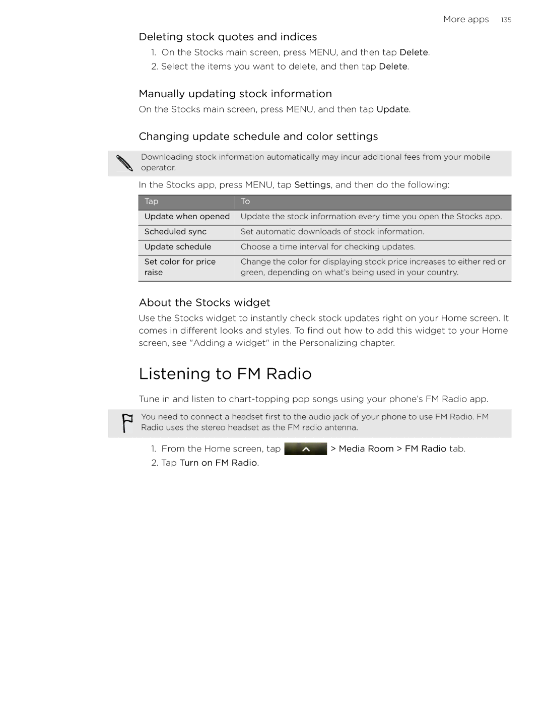 HTC 99HLR002-00 manual Listening to FM Radio, Deleting stock quotes and indices, Manually updating stock information 