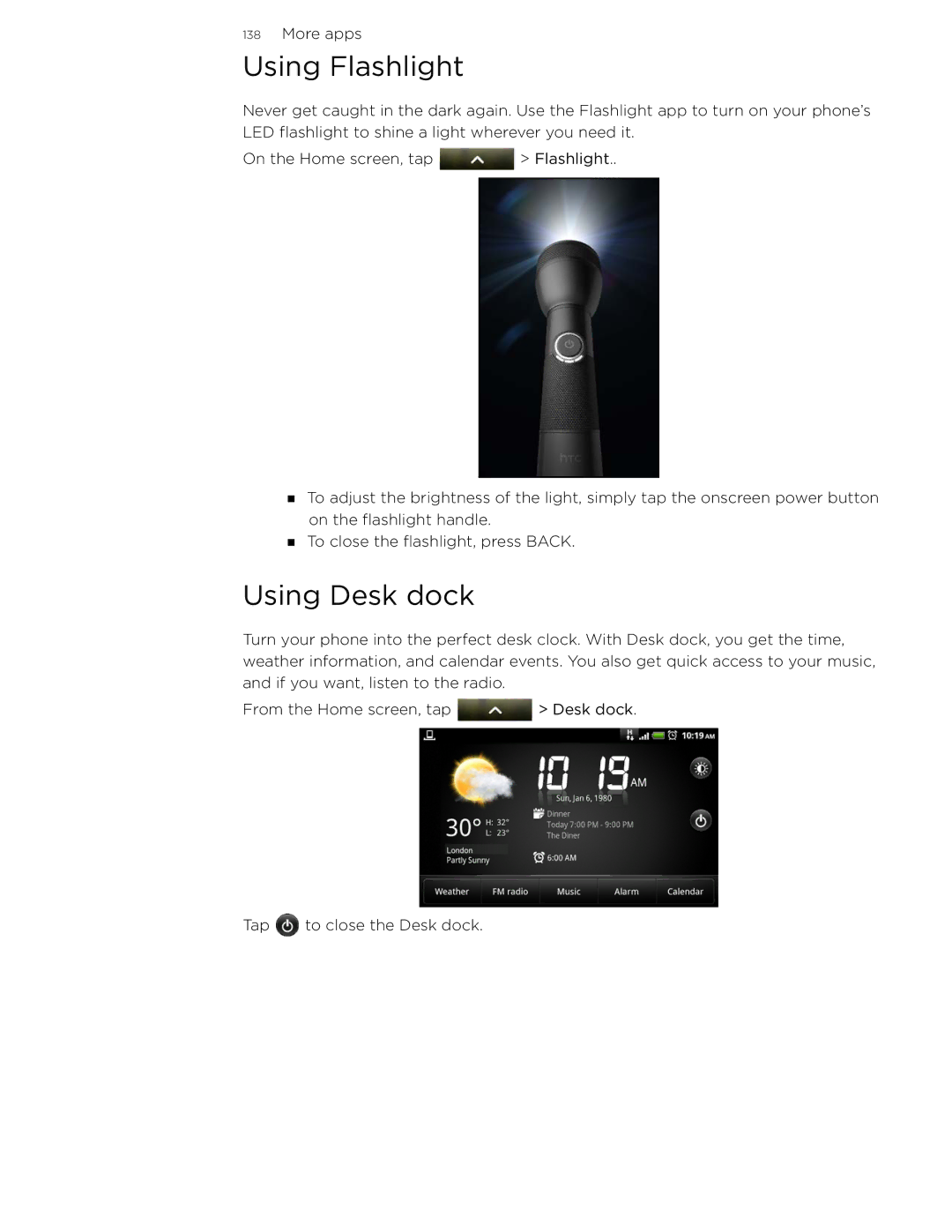 HTC 99HLR002-00 manual Using Flashlight, Using Desk dock 