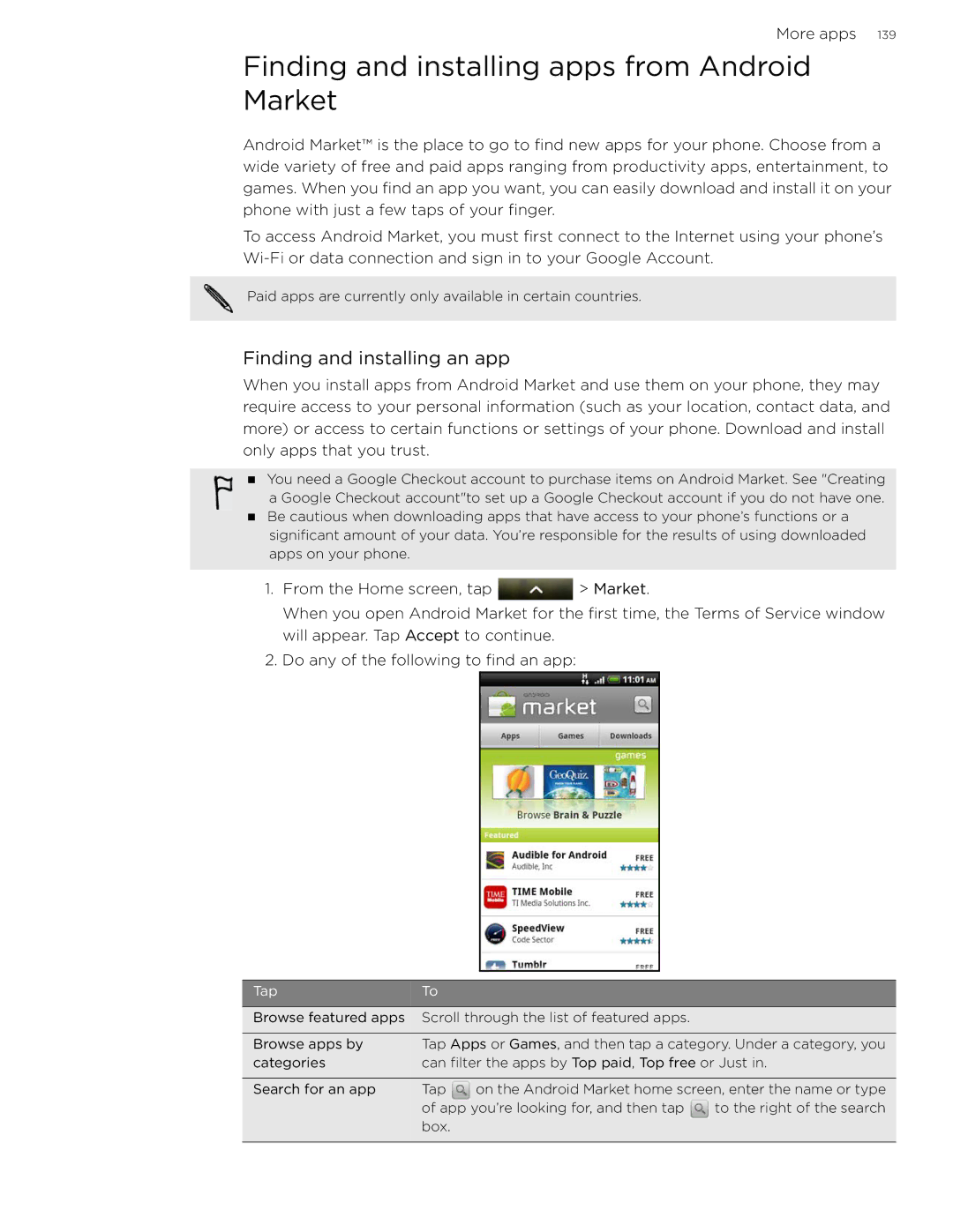 HTC 99HLR002-00 manual Finding and installing apps from Android Market, Finding and installing an app 