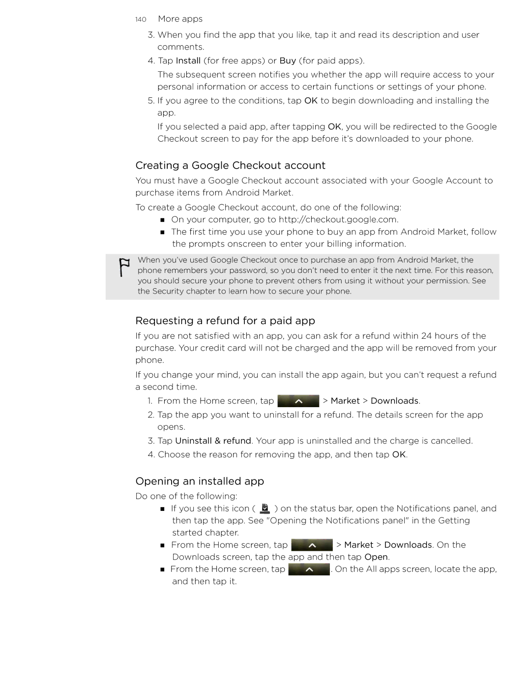 HTC 99HLR002-00 manual Creating a Google Checkout account, Requesting a refund for a paid app, Opening an installed app 