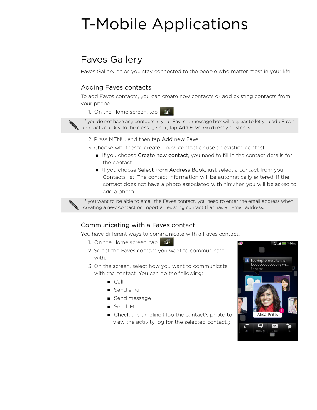 HTC 99HLR002-00 manual Mobile Applications, Faves Gallery, Adding Faves contacts, Communicating with a Faves contact 