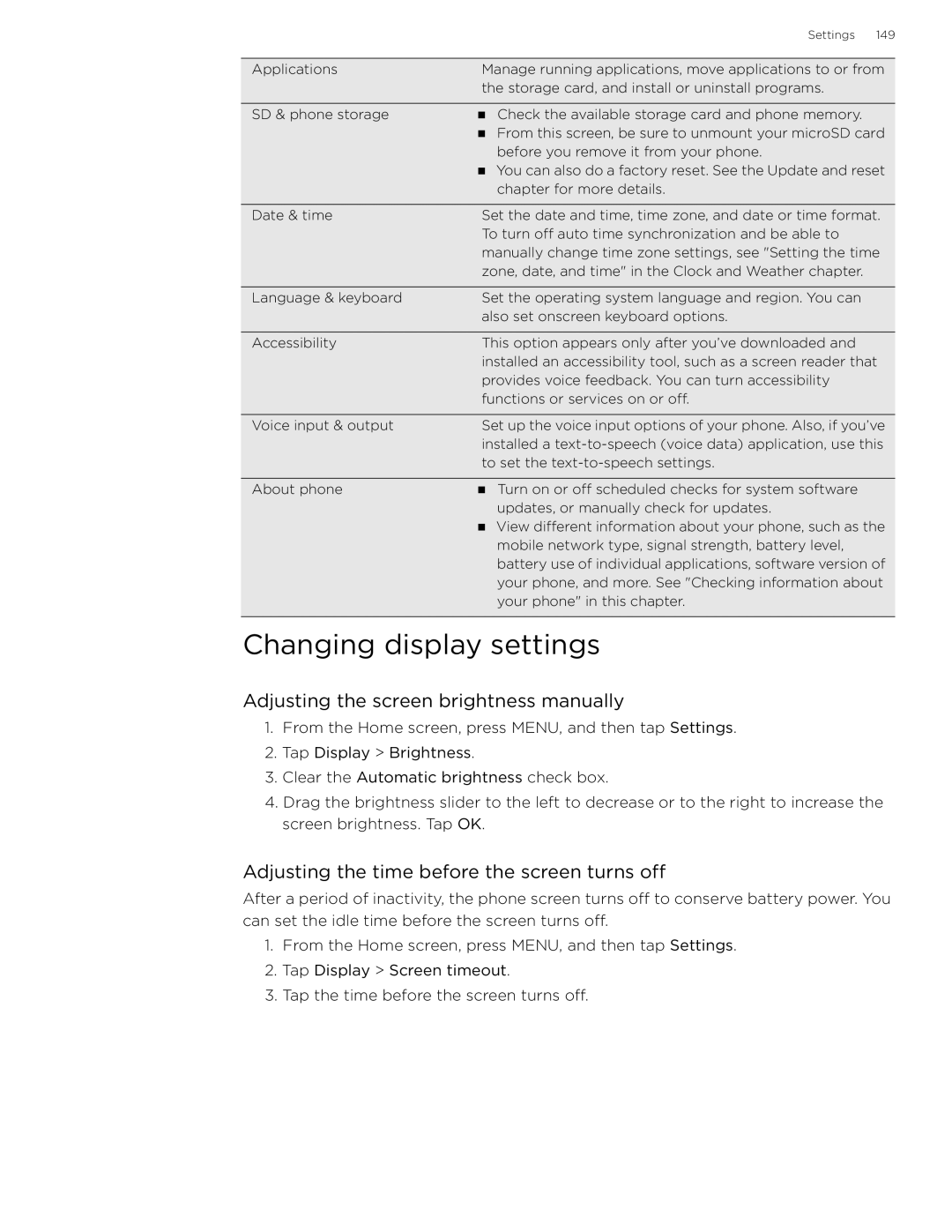 HTC 99HLR002-00 Changing display settings, Adjusting the screen brightness manually 