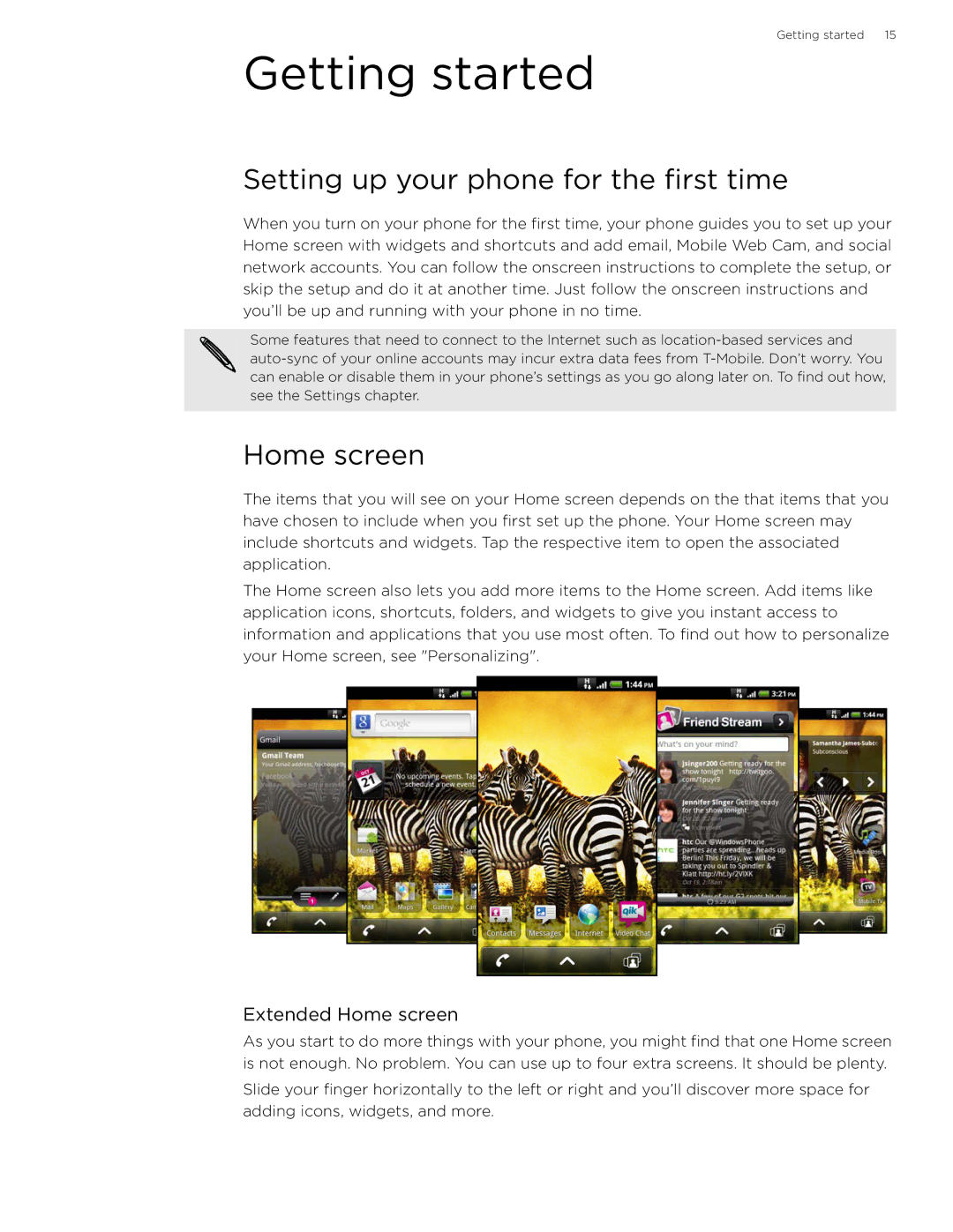 HTC 99HLR002-00 manual Getting started, Setting up your phone for the first time, Extended Home screen 