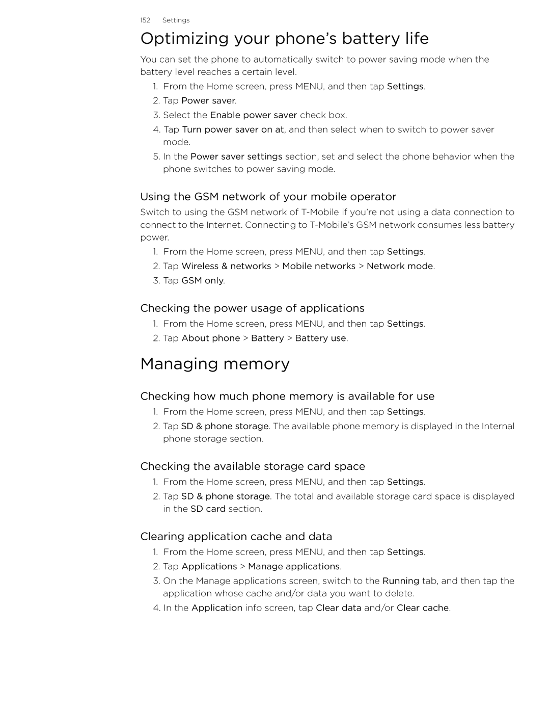 HTC 99HLR002-00 manual Optimizing your phone’s battery life, Managing memory 