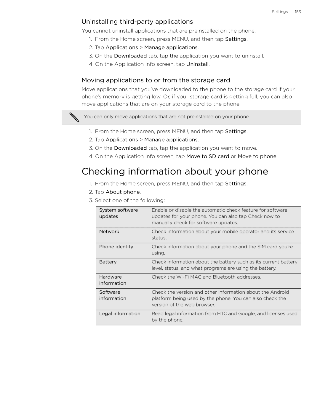 HTC 99HLR002-00 manual Checking information about your phone, Uninstalling third-party applications 