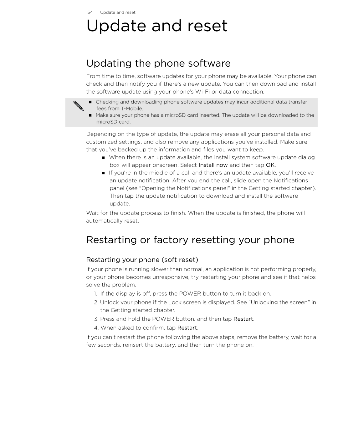 HTC 99HLR002-00 manual Update and reset, Updating the phone software, Restarting or factory resetting your phone 