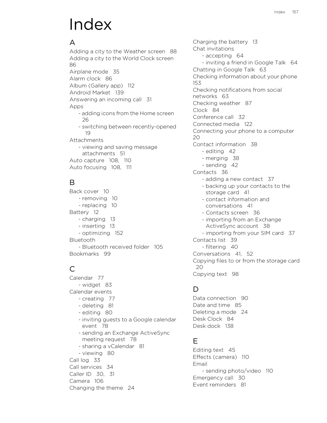 HTC 99HLR002-00 manual Index 