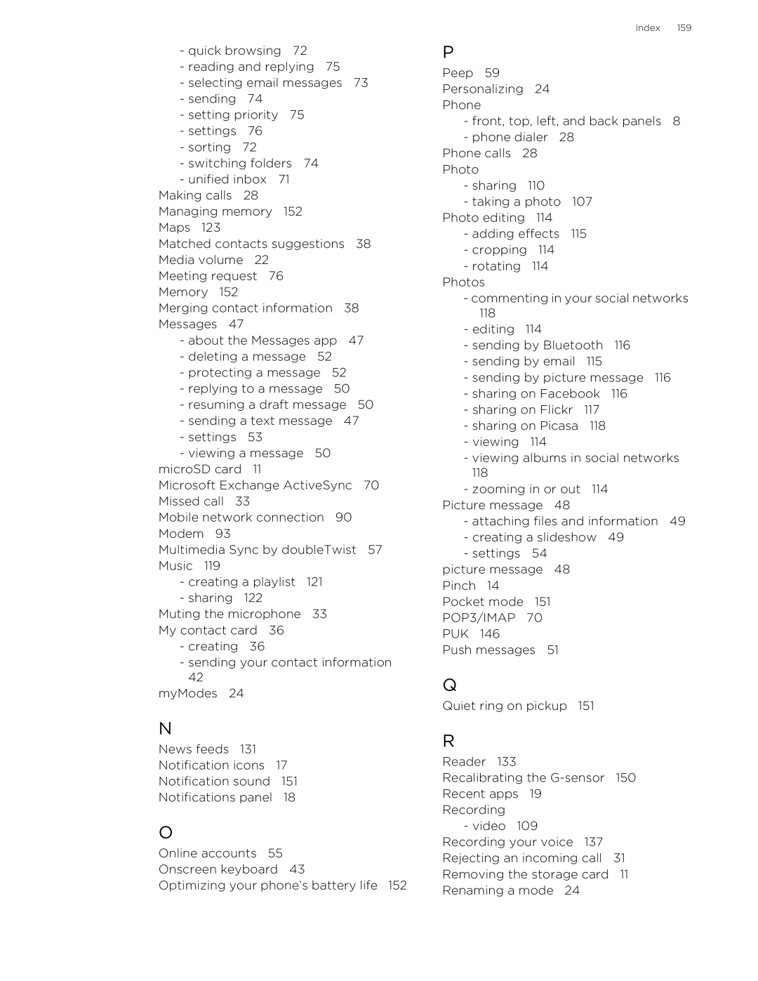 HTC 99HLR002-00 manual Index 159 