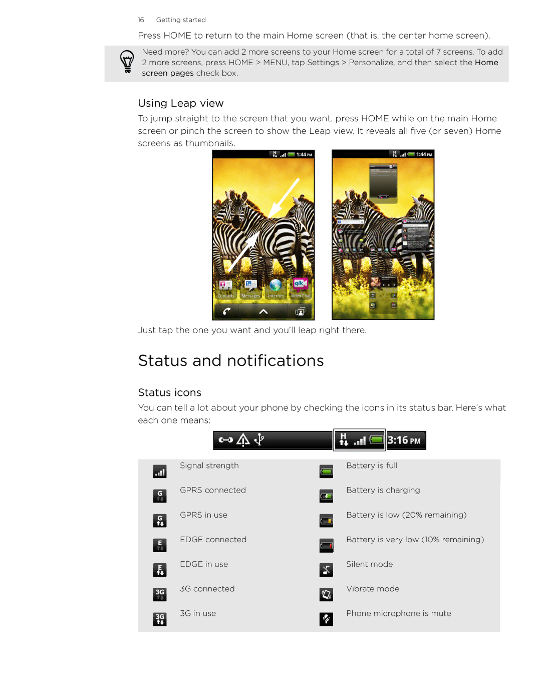 HTC 99HLR002-00 manual Status and notifications, Using Leap view, Status icons 