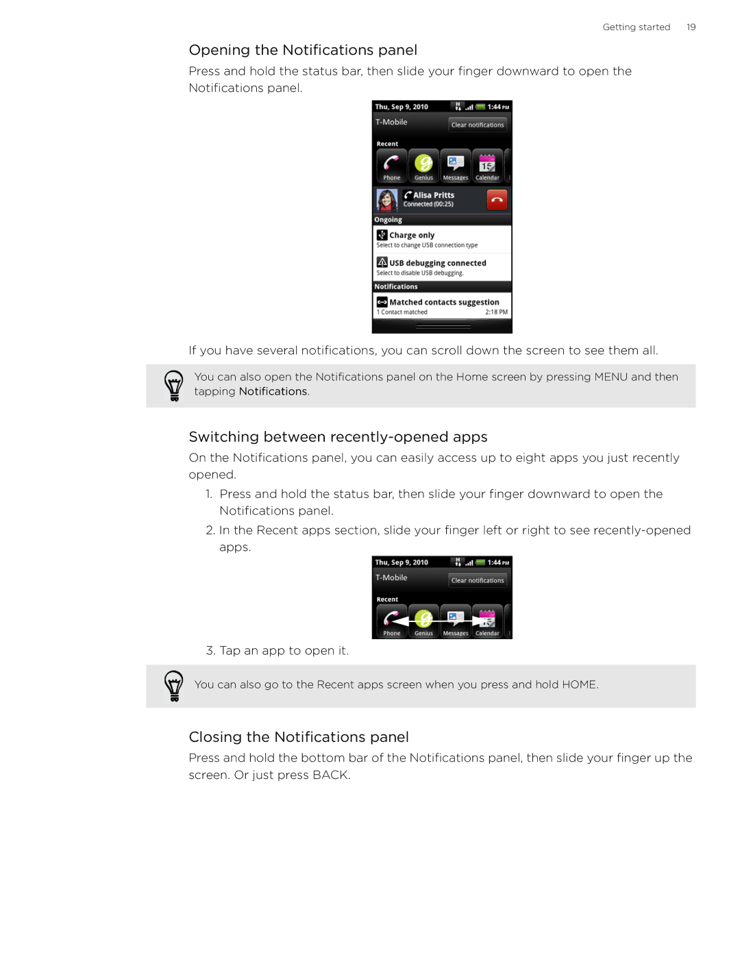 HTC 99HLR002-00 Opening the Notifications panel, Switching between recently-opened apps, Closing the Notifications panel 