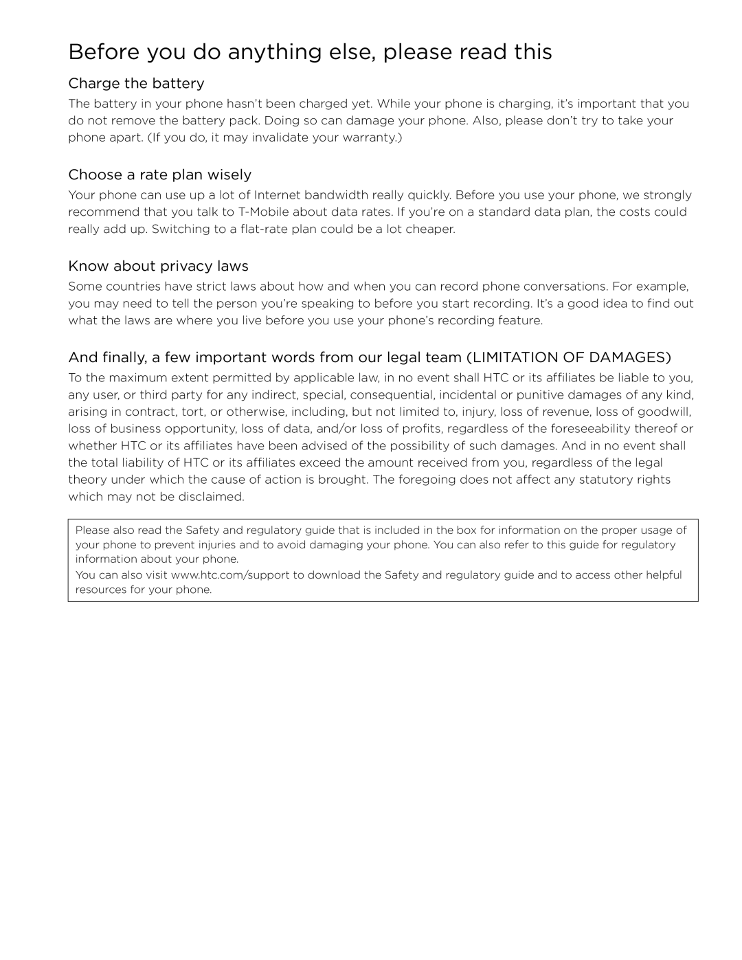 HTC 99HLR002-00 manual Before you do anything else, please read this, Charge the battery, Choose a rate plan wisely 